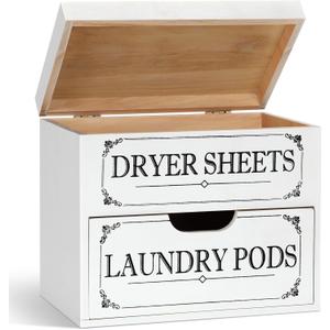 Tatuo Dryer Sheet Holder with Hinged Lid Farmhouse Dryer Sheet Dispenser Rustic Container Box Laundry Room Decor for Laundry Room Organization Fabric Pods, White