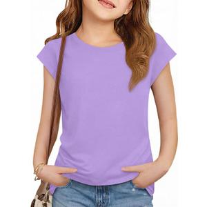 ZDC Girls Short Cap Sleeve T Shirts Kids Crewneck Summer Tops Basic Tees 5-14 Years (White)