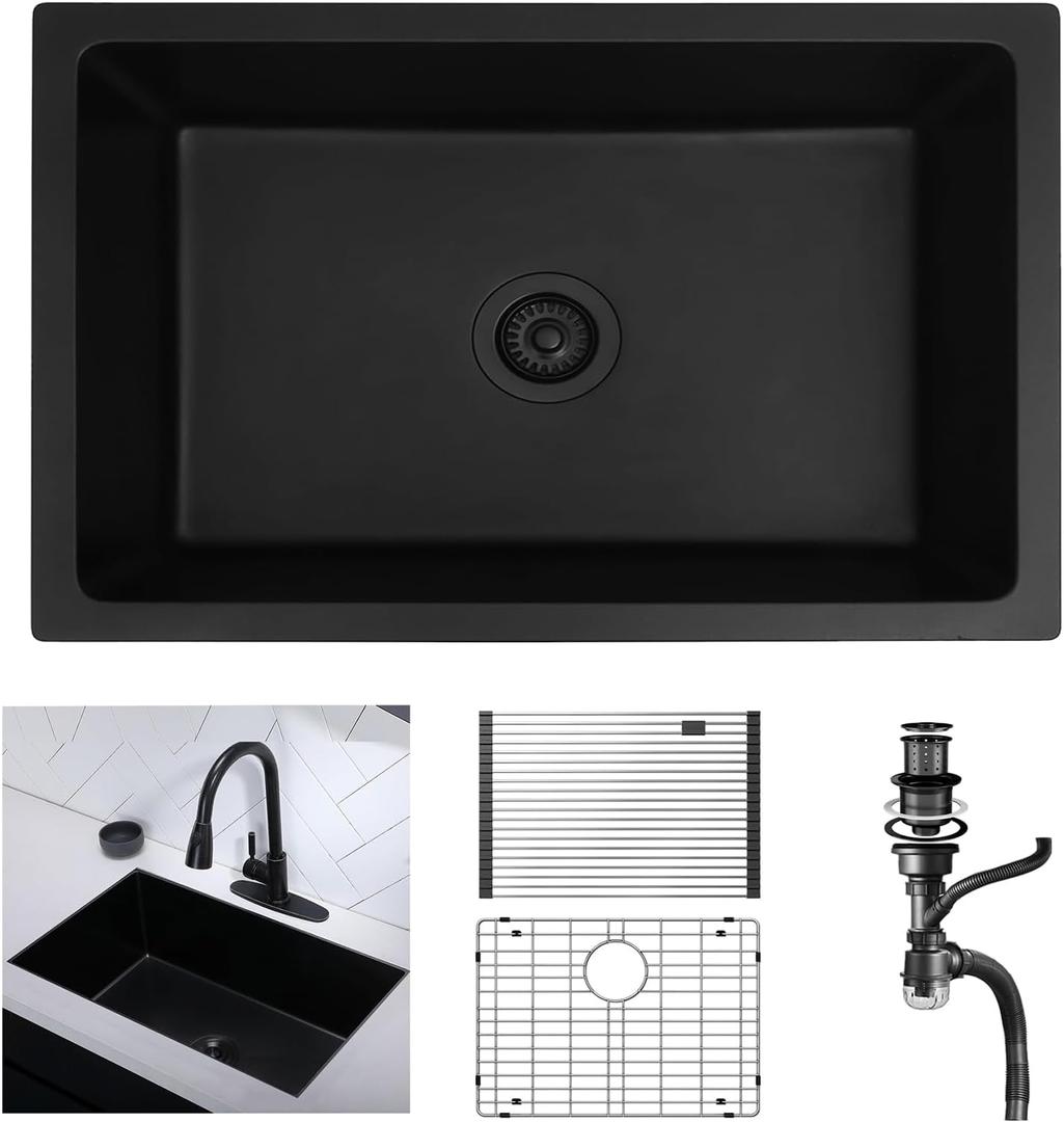 Undermount Kitchen Sink, 30" Black-Grey Single Bowl Kitchen Sink,16 Gauge Stainless Steel Nano Black Sink with Accessories for Workstation, Prep Kitchen, Bar Sink of Countertop/Drop-in 30"x19"