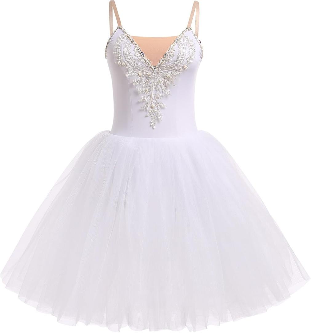 Ballet Leotard for Women Swan Lake Costume Floral Print Professional Ballerina Tulle Tutu Dance Dress (Pink, S)