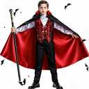 Boys Vampire Costume Set, Halloween Party Vampire Cosplay Outfit with Cape, Shirt, Pants & Cane, kids dracula costume (M(6-9Y, 51"-59"))