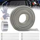 Titanium Spark Plug Wire Heat Shield, 1/2" I.D.  10 Ft Fuel Line Heat Shield Sleeve, Fiberglass-Basalt Composite Spark Plug Boot Protector for LS1/LS2, SBC/BBC 350 454 Car Truck