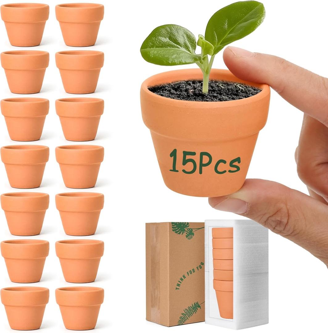 T4U Mini Terracotta Pots (15pcs): 2 Inch Small Clay Pots with Drainage Holes,Clay Planter for Crafts, Terra Cotta Pot for Succulent Cactus Plants, DIY Mini, Idea Gifts for Party Decor