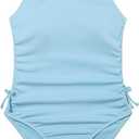 OYOANGLE Girl's Cute Spaghetti Straps Round Neck Drawstring One Piece Swimwear Tie Bathing Suit Pastel Blue 10