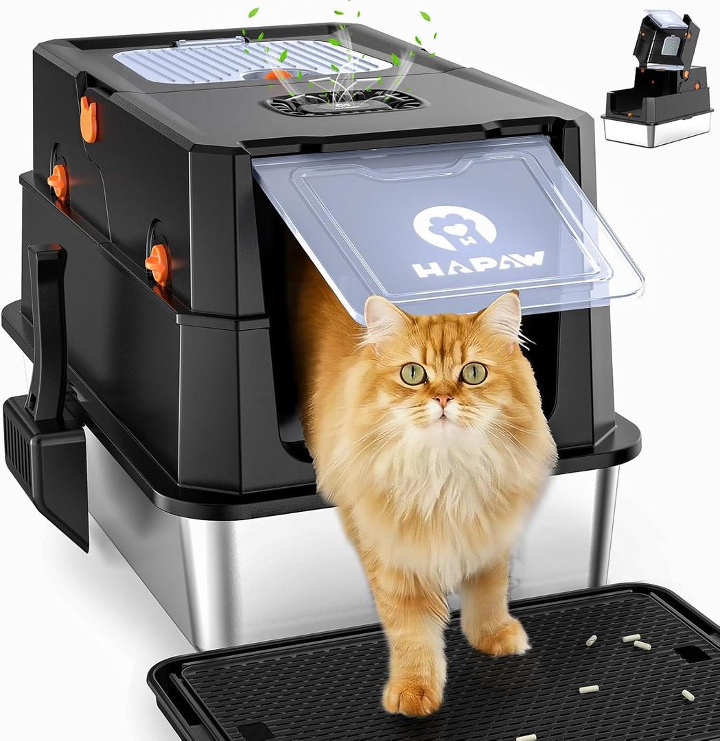 Stainless Steel Litter Box with Lid, Anti-Leakage Enclosed Metal Litter Box, Flip-Top Extra Large Kitty Litter Pan with Scoop & Pedal, Odor Free, Front & Top Dual Entry, Black