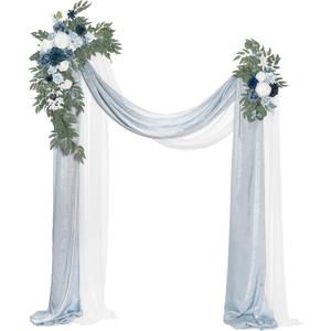 Ling's Moment Dusty Blue Artificial Wedding Arch Flowers Kit Pack of 4, 2pcs Hanging Flower Arrangement 2pcs Chiffon Drape Ceremony Spring Fake Silk Rose Arbor Backdrop Floral Swag Outdoor Beach Decor