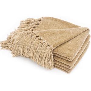 RECYCO Throw Blanket Soft Cozy Chenille Throw Blanket with Fringe Tassel for Couch Sofa Chair Bed Living Room Gift (Beige, 60" x 80")