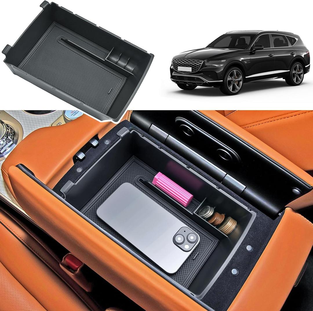 2025 2026 GV80 Center Console Organizer for Genesis GV80 (2.5T AWD/3.5T AWD), Durable ABS Plastic&Anti-Slip Rubber Mats 2026 GV80 Armrest Tray Insert 2025 GV80 Accessories (with Black Mats) (Front-Armrest Box)