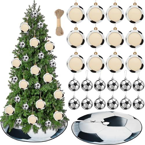 Syhood 26 Pcs Soccer Christmas Decor Set Include 12 Sports Ball Ornaments 36'' Print Christmas Tree Skirt 12 Wooden Mini Sports Ornaments and Rope for Home Xmas Holiday Party