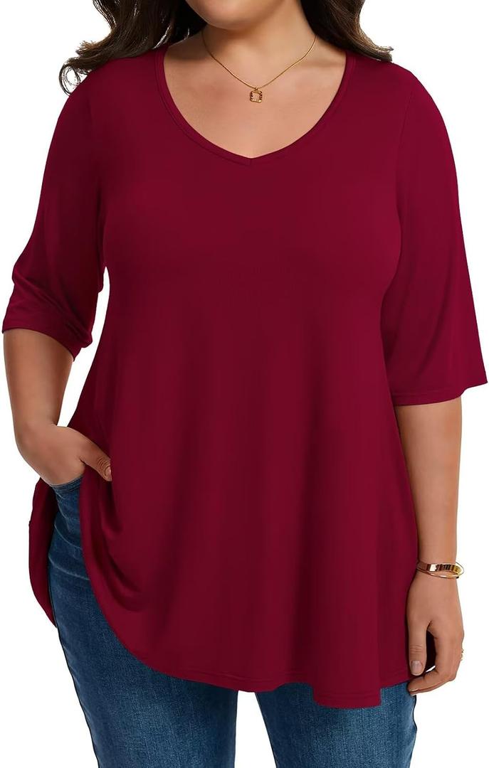LARACE Elbow Sleeve Plus Size Tops for Women, Women's Half Sleeves Tunic Shirts Spring Summer Fall Clothes Blouse V Neck (Red, XXL)