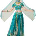 Women's Aladdin Jasmine Princess Dress Up Party Belly Dance Halloween Performance Costumes Cosplay Outfits (Medium, 012-dark Green)