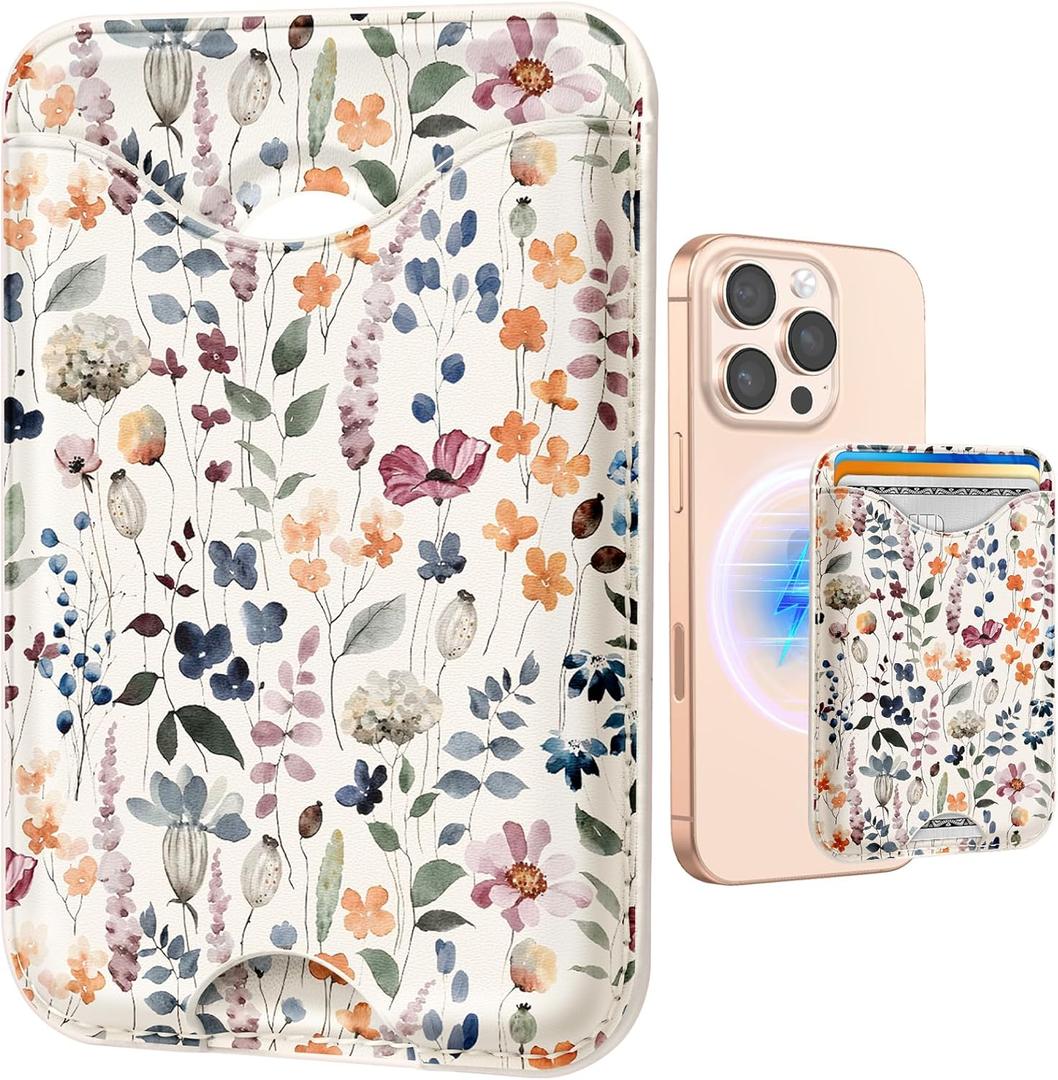 Shorogyt Compatible with Magsafe Wallet Magnetic Card Holder - Watercolor Flower Phone Wallets for Women Teen Girls Cute for iPhone 17/16/15/14/13/12 Series Slim for Apple Mag Magnet, Fit 3 Cards