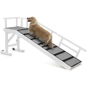 Dog Ramp for Bed or Couch, Wooden Pet Ramp with 20 Gentle Slope, Removable Side Rails, Non-Slip Surface, Top Platform & Wheels, Safe Bed Ramp for Small, Medium & Senior Dogs, 60" Long, White