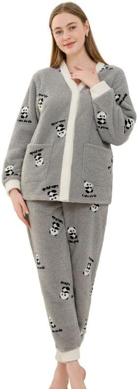 Womens Fuzzy Plush Pajama Set, Soft Warm Fleece Pajama for Women Cute Long Embroidered 2 Piece Sleepwears (X-Large, Panda-grey)