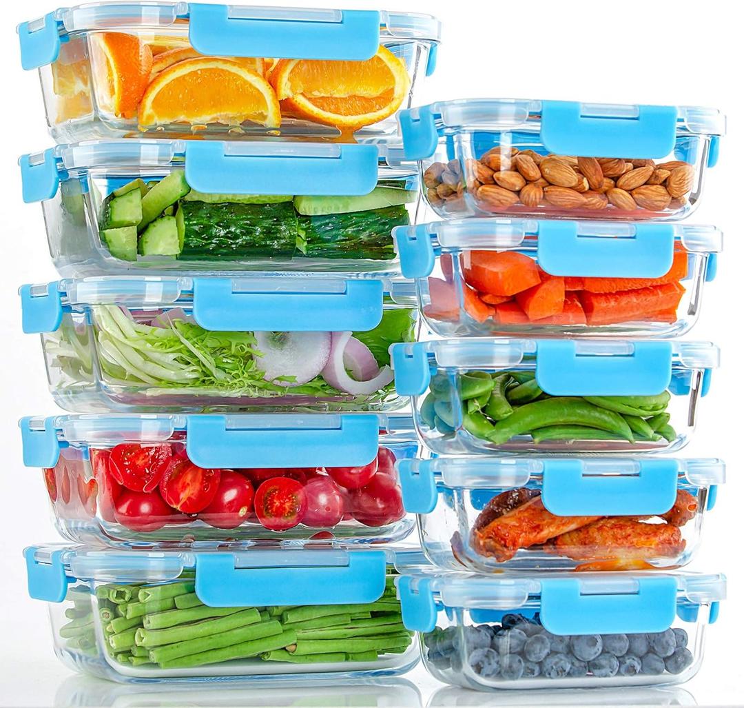 UMEIED 10 Pack Glass Food Storage Containers with Lids Leakproof, Airtight Glass Meal Prep Containers For Lunch, On The Go, Leftover, Dishwasher Safe (Blue)