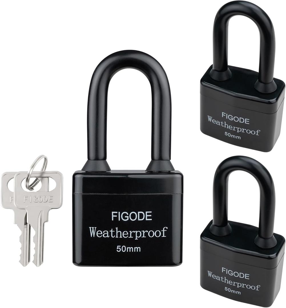 FIGODE Outdoor Waterproof Padlocks, Covered Heavy Duty Laminated Steel Locks, Large Sturdy Locks, 2.2 in. Wide, 3 Locks Same Key, Long Padlocks