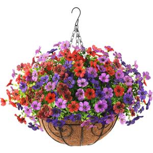 Artificial Flowers Hanging Baskets, Multicolor 12 Bundles Faux Flower Outdoor Hanging Basket Spring Summer Decoration, Fake Plants for Porch Patio Balcony Home Yard Decor(Mixd 2) (Light/Deep Purple,red,brown)