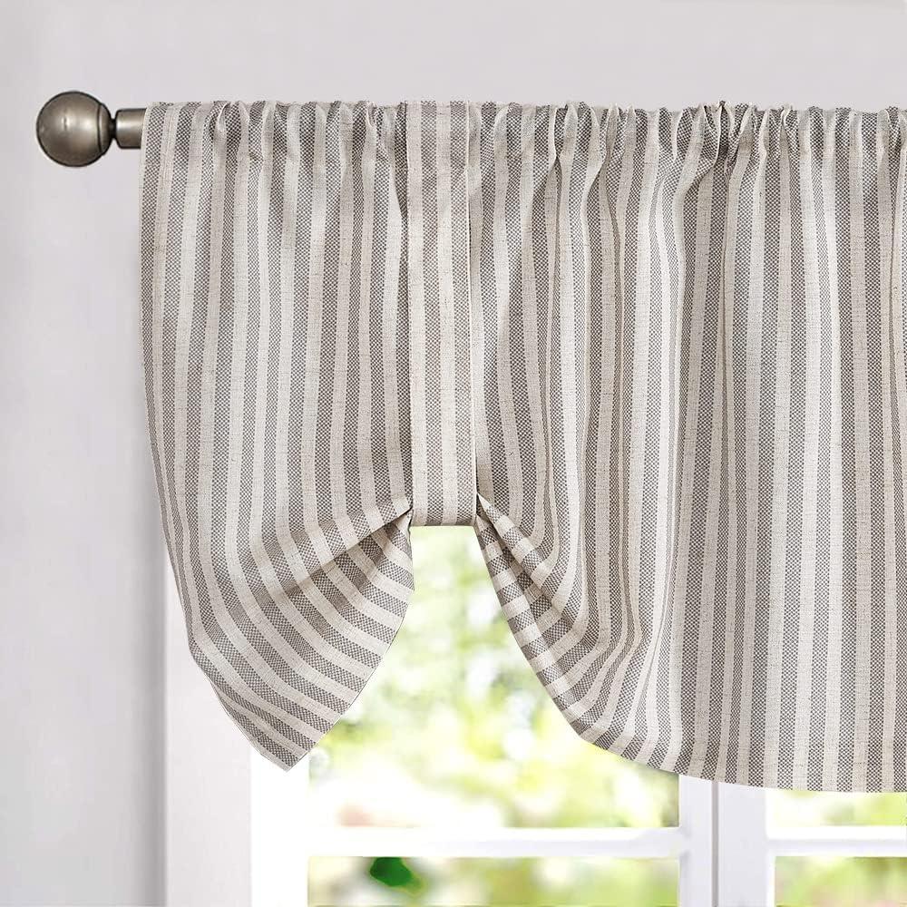 jinchan Tie Up Linen Textured Striped Bow Tie Curtain for Kitchen Bathroom Rod Pocket Pinstripe Valance Window Treatments Ticking Stripe Pull Cord Valance 1 Panel 18 Inch Taupe Grey on Beige