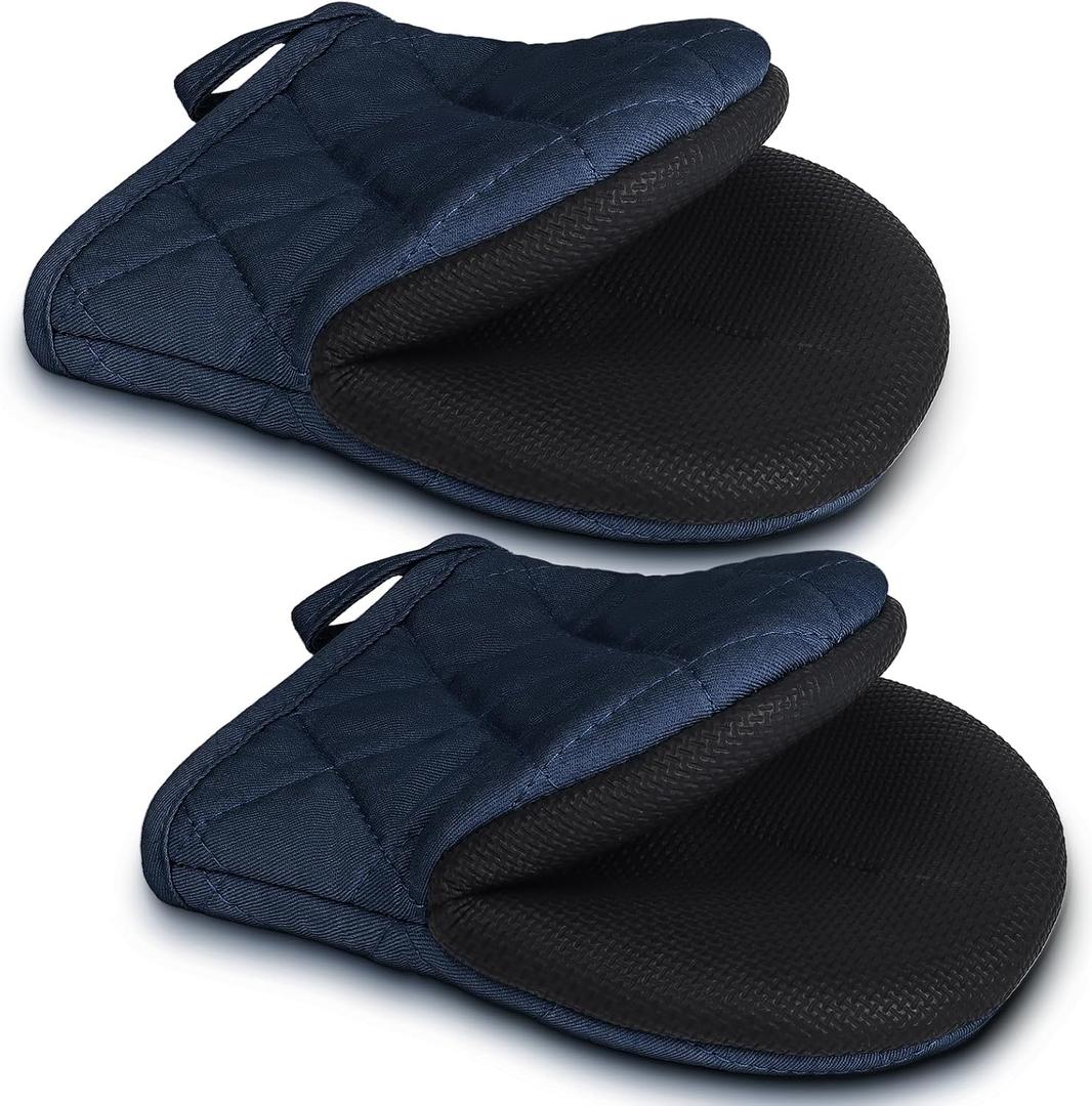1 Pair Short Oven Mitts - Silicone Kitchen Oven Gloves High Heat Resistant 500, Mini Oven Mits with Non-Slip Grip Surfaces and Hanging Loop for BBQ, Baking, Cooking and Grilling (Dark Blue)