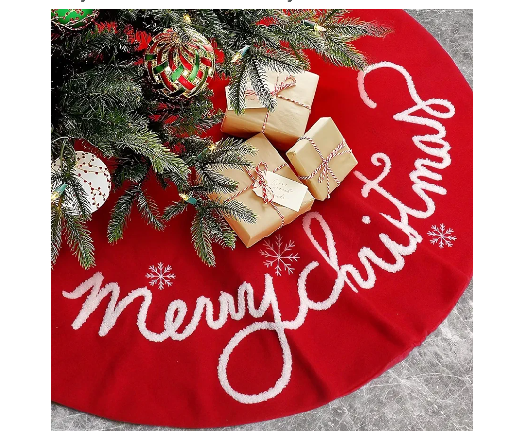 48 Inch Christmas Tree Skirt Red Small Plush Xmas Tree Mat with Merry Christmas Patterns Soft Thick Holiday Decor for Home Party