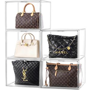 HBlife 5 Pack Purse Storage Organizer for Closet, X-Large Clear Stackable Handbag Display Case Box with Magnetic Door for Collectibles, Cosmetics, Women Heels and Toys