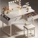White Makeup Vanity Desk No Mirror with Chair, Small Vanity Table Set with Fabric Drawers, Power Outlet & Chair Without Mirror, Modern Make Up Desk for Girls Bedroom