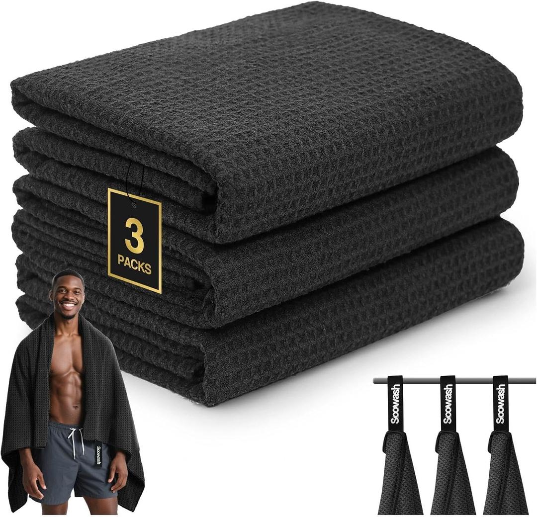 Microfiber Sweat Towel Quick Dry Lightweight Absorbent 3 PackFast Drying 27 X 55 Negative Ions Odorless Gym Towels for Men & Women Yoga Sports Travel Outdoor Camping Gym (Large Black)