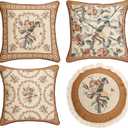 patdrea Designer Vintage Floral Throw Pillow Covers for Couch Set of 4,Brown Yellow Linen Pillowcases with Bird and Rose Pattern Decorative Cushion Cover for Bedroom Living Room Outdoor Car Cafe