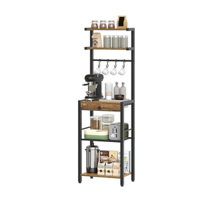 Bakers Rack, 5-Tier Coffee Bar Station, Coffee Stand with Pod Drawer Holder, Versatile Kitchen Storage Rack with 4 Hooks, for Living Room, Cafe Corner, Rustic Brown and Black KF01BRY1