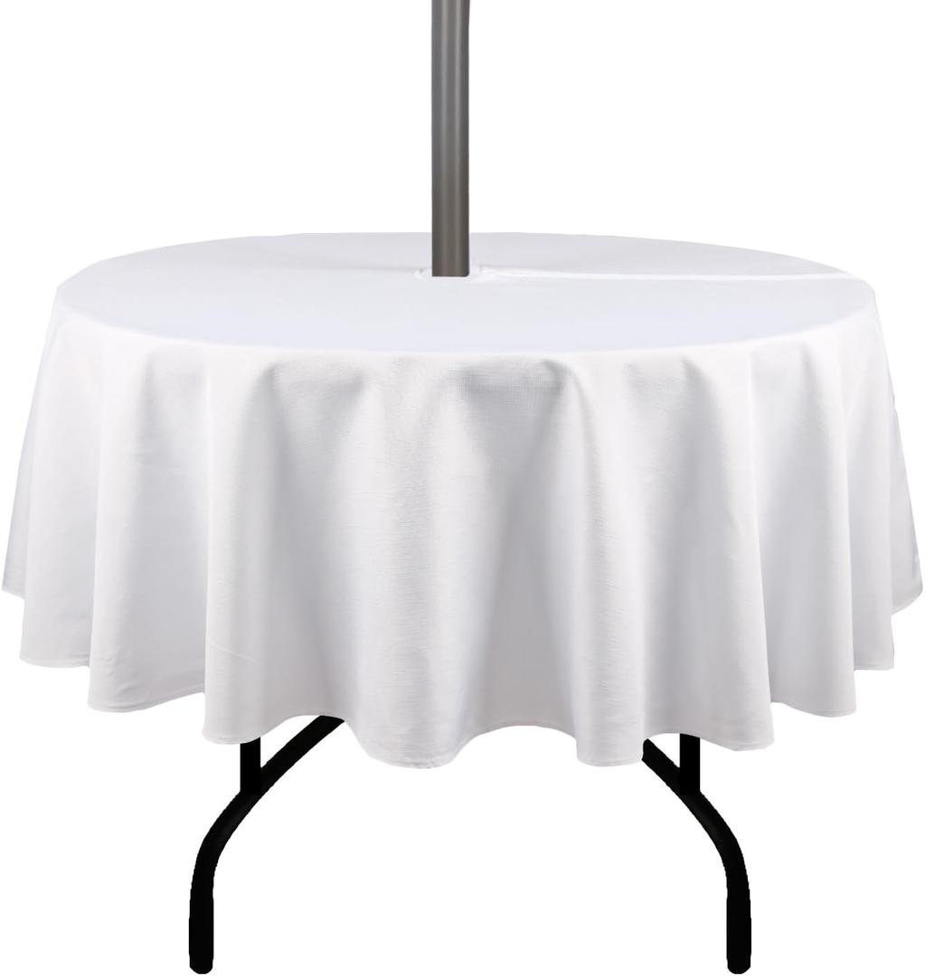 Outdoor Tablecloth Wrinkle-Free Stain Resistant Waterproof Polyester Fabric Table Cover with Zipper Umbrella Hole for Picnic/Party/Dinner/Patio Garden(60inch Round,Zippered,White)