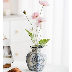 Blue and White Vase, Vintage Blue Ceramic Flower Vessel,Ceramic vases for Home Decor,Vintage Green and Beige for Console Table Mantle Chinoiserie Decor (Blue and White-01, Small)