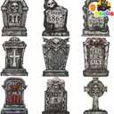 JOYIN 16" 9 Pcs Halloween Tombstones Decorations Outdoor, Graveyard Yard Lawn Plastic Headstones with 18 Metal Stakes for Halloween Cemetery, Indoor Decorations, Prop, Party Decor Supplies