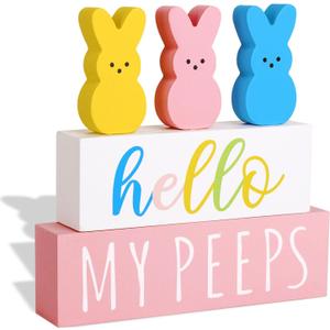 Easter Decorations for The Home: 5 pcs Bunny Wooden Table Centerpiece Signs, Cute Easter Decor Peeps Rabbits Wooden Block Set Table Dcor Farmhouse Rustic Tiered Tray Dcor Gifts