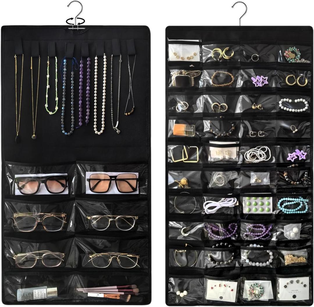 Double-Sided Hanging Jewelry Organizer with 48 Pockets and 8 Hooks  Versatile Accessories Holder for Earrings, Necklaces, Rings, Glasses  Wall, Door, or Closet Mounted Jewelry Hanger. (Black (without zipper))