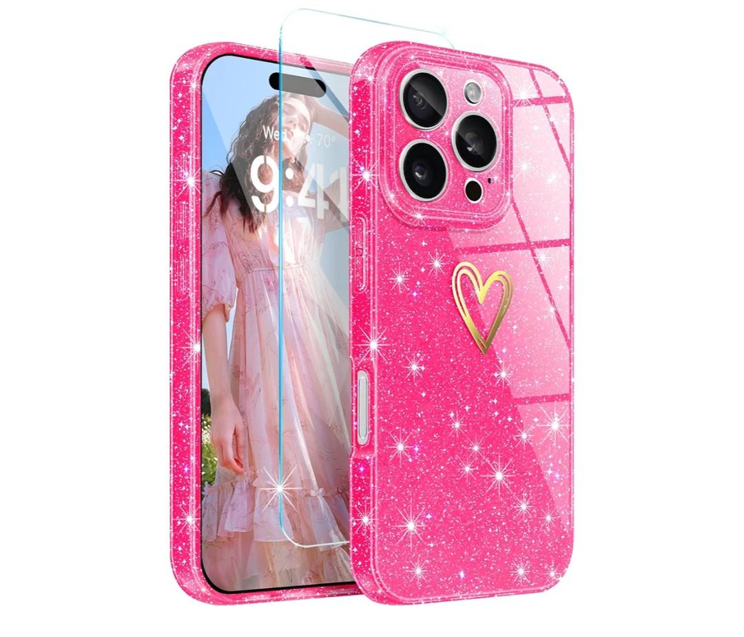 Qviskteme for iPhone 16 Pro Max Case for Women Men Cute,Clear Glitter with [1 x Tempered Glass Screen Protector] Slim Fit 16 Pro Max Phone Cases Shockproof Bumper Protective Silicone Cover (Hot Pink) 2 Pack