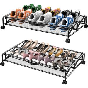 Under Bed Shoes Storage, 2 Pack Rolling Under-bed Storage Containers with Wheels, Under Bed Shoe Organizer Breathable Mesh Fabric with Metal Frame