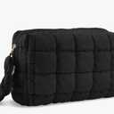 Puffer Quilted Makeup Bag Cosmetic Bags,Puffy Travel Toiletry Pouch for Women,Cute Checkered Zipper Bag Travel Essential,Portable Aesthetic Make up Organizer Bag for Gifts Work Daily(Black,M)