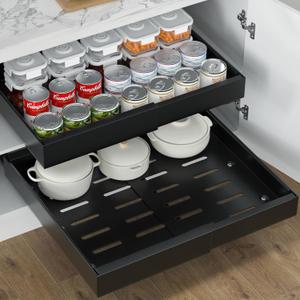 2 Pack Expandable Pull Out Cabinet Organizer, 21''Deep Slide Out Drawers for Kitchen Cabinets, Cabinet Drawers Fixed with Adhesive Nano Film, Cabinet Roll Out Shelf in Pantry or Living Room