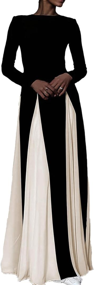 Wedding Guest Dresses for Women Elegant Long Sleeve Patchwork Pleated Swing Long Dress Formal Maxi Dress (Medium, Black)