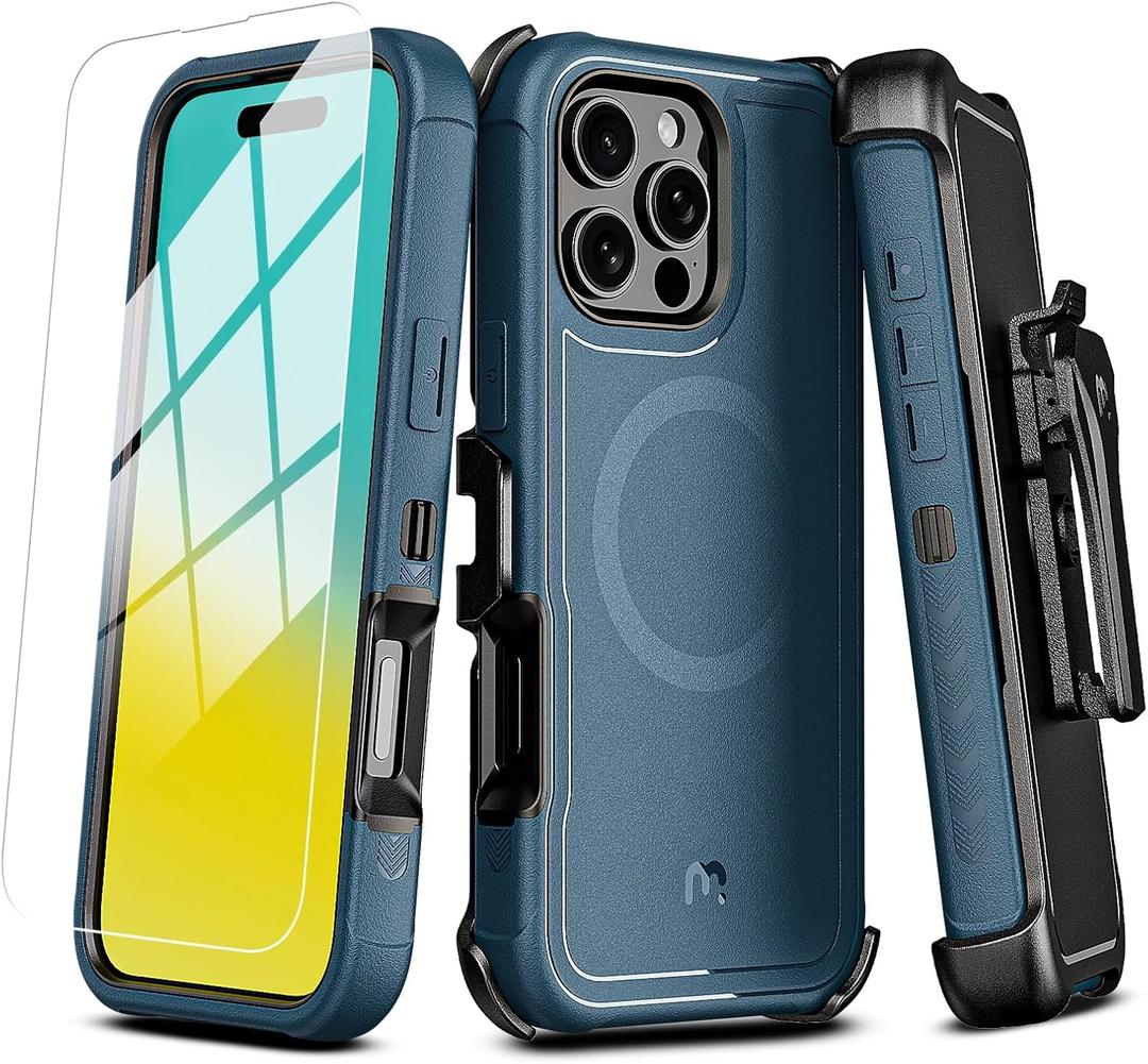 M MYBAT PRO Maverick Series iPhone 16 Pro 6.3 Case with Belt Clip Holster,[Compatible with Magsafe] w/Screen Protector,Anti-Drop,Shockproof,with 360Rotating Kickstand,Heavy Duty Protection Blue
