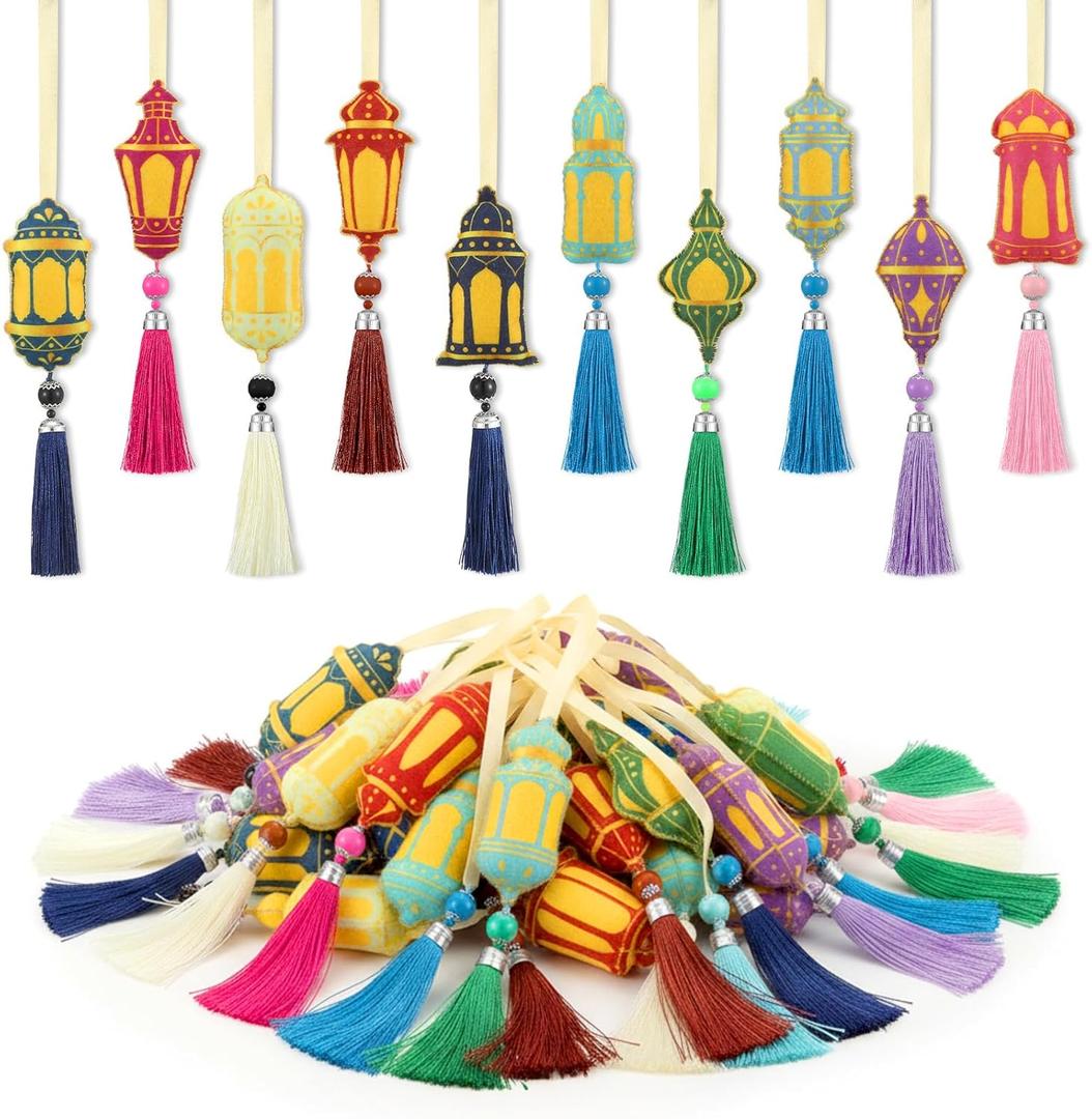 Batiyeer 20 Pcs Ramadan Lanterns Felt Ornaments Eid Mubarak Hanging Ornaments with Pearls and Tassels for Muslim Ramadan Mubarak Home Party Decorations