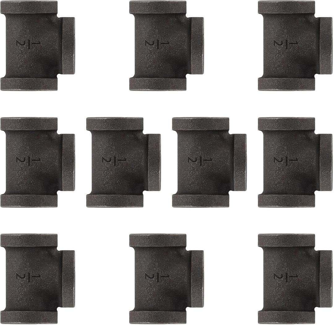 10 Pack 1/2 inches Malleable Cast Iron Pipe Tees, Industrial Pipe Flanges for Threaded Black Pipes and Fittings, DIY Steampunk Industrial Vintage Style.