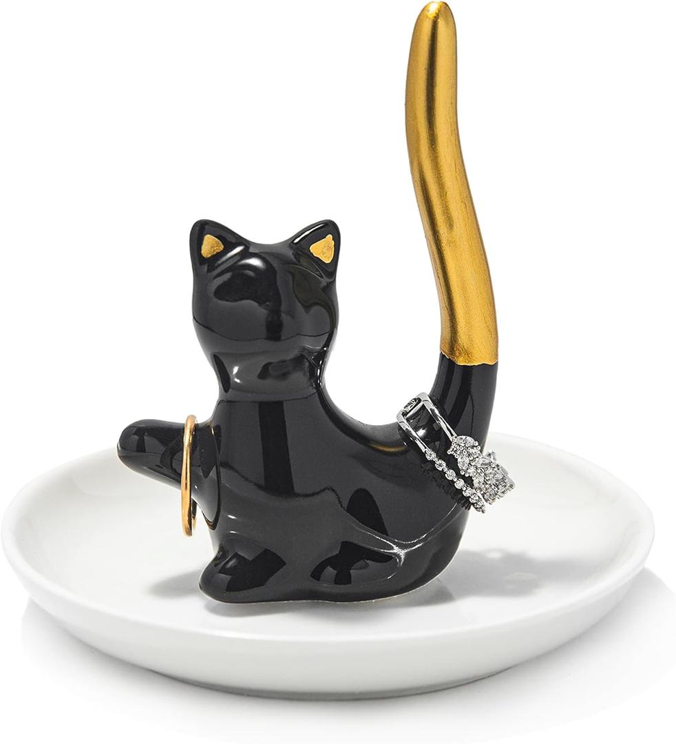 Cat Ring Holder Ceramic Jewelry Dish - Trinket Tray for Earrings and Organizer - Funny Themed Gifts for Cat Mom, Lovers, Birthday Gifts for Women