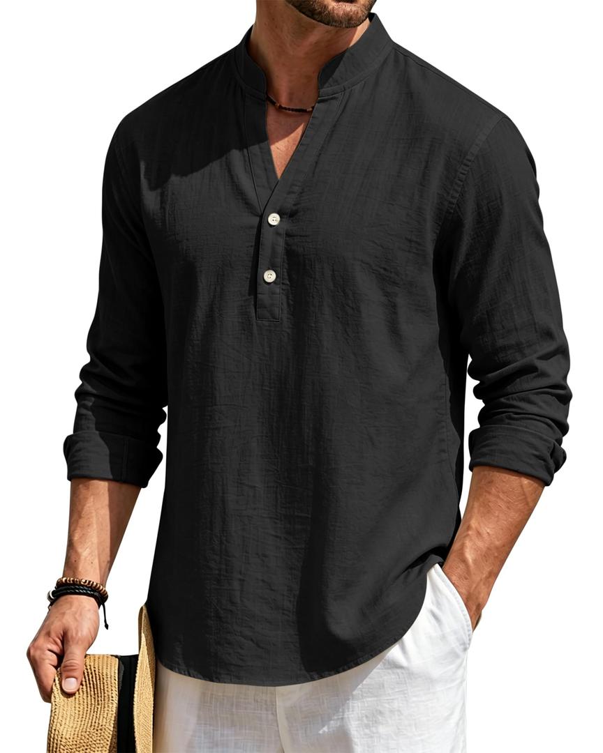 TAFLE Mens Linen Henley Shirts Casual Long Sleeve Hippie Yoga Tops Lightweight Summer Beach T-Shirt Black (Black, L)