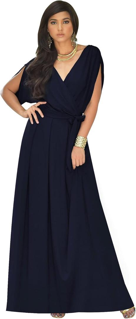 KOH KOH Womens Long Semi-Formal Short Sleeve V-Neck Full Floor Length V-Neck Flowy Cocktail Wedding Guest Party Bridesmaid Maxi Dress Dresses Gown Gowns, Dark Navy Blue XL 14-16