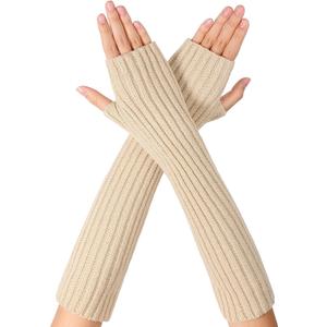 Women's Long Fingerless Gloves Stretch Arm Warmers Fashion Knit Arm Sleeves for Women Thumb Hole Stretchy Gloves (Beige)
