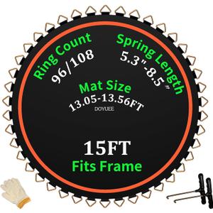 Trampoline Mat Replacement-Fits 15ft Trampline Frame with 96/108 Rings for Choose,Fits 5.3"-8.5" Springs, Mat Diameter 13.05ft-13.56ft,Spring and Frame not Included