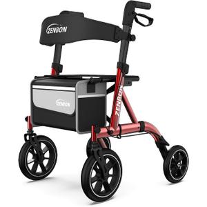 Rollator Walker for Seniors/Adults Foldable Rolling Walker with Seat 330 lbs Capacity 10 inch Wheels Hand Grips Adjustable Height Lightweight Durable Aluminum Walker Removable Back Support 7210(Red)