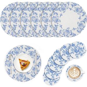 Blue and White Placemats Coasters Set of 6 Floral Round Woven Placemat Bulk Chinoiserie Braided Placemats Washable Cotton Rope Place Mats Heat Resistant Table Mats for Home Wedding Party Decor