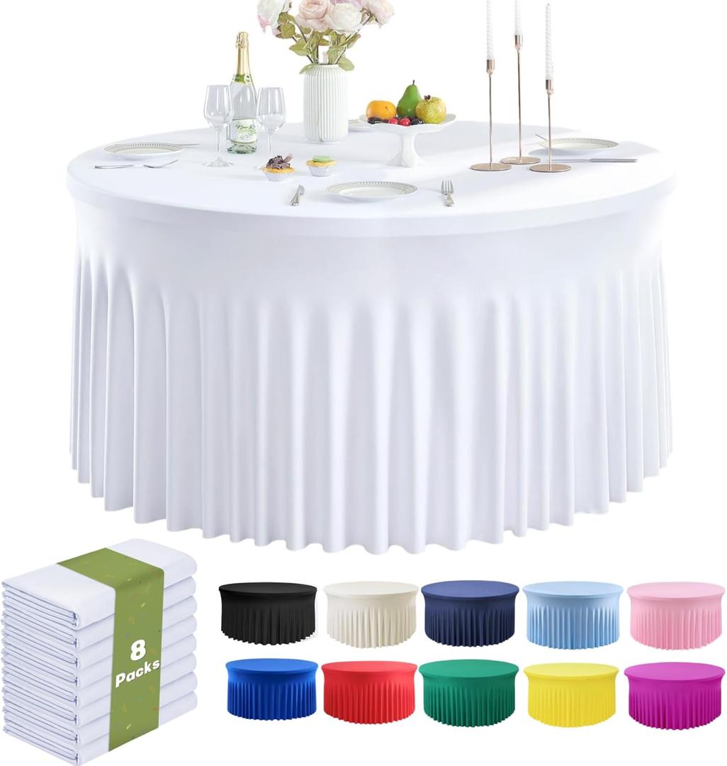 Outpain 8 Pack Spandex White Round Tablecloth for 72 inch Table, Stretchy 132inch Fitted 6FT Round Table Cloths, Wrinkle Free Table Cover with Skirt for Wedding Party Dining Banquet (72inch(8Pack))